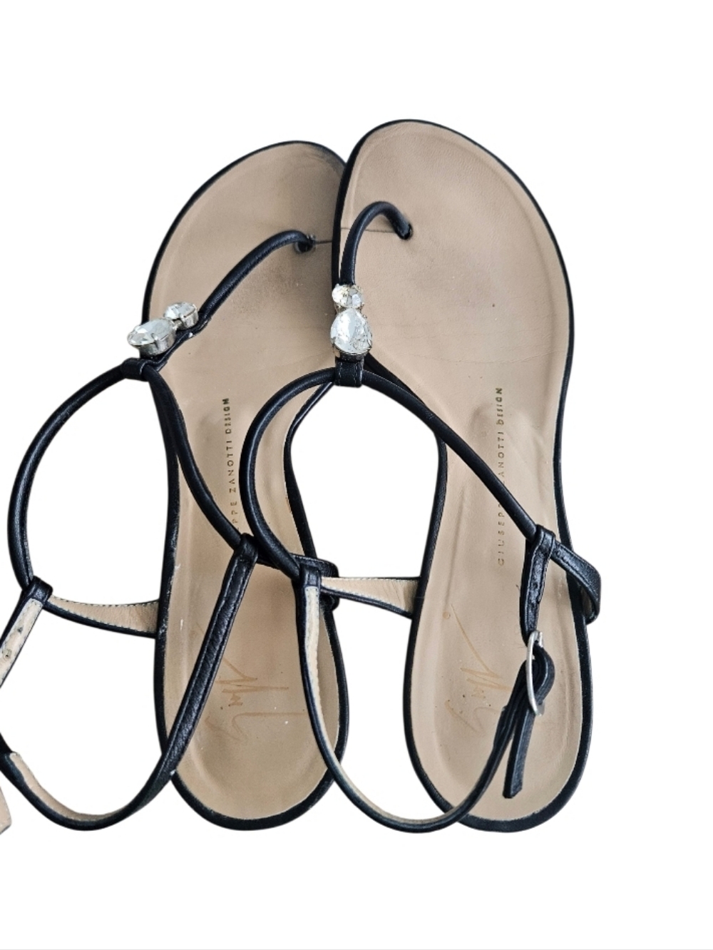 Giuseppe Zanotti Black Leather T-Strap Sandals with Crystal Accent - Picture 2 of 11